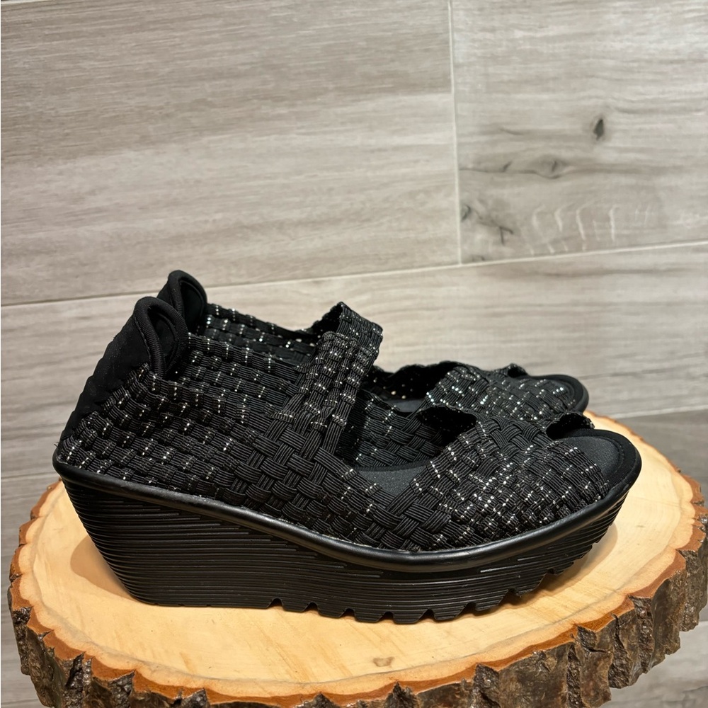 Woven Stretch Platform Wedge Sandals - Black